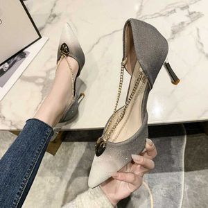 Womens High Heel Thin Heel Pumpar Spring 2022 Ny Autumn PointedToe Elegant Metal Chain Hollow Gradient Color Single Shoes 230202