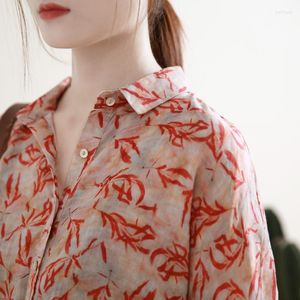 Women's Blouses Spring Literature And Art Red Long Sleeve Printed Shirt Ramie Loose Versatile Blouse 0402