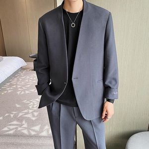 Erkekler Suits Blazers erkek takım elbise ceket blazer yakasız tek düğme erkekler Koreli Harajuku Streetwear moda gevşek rahat palto