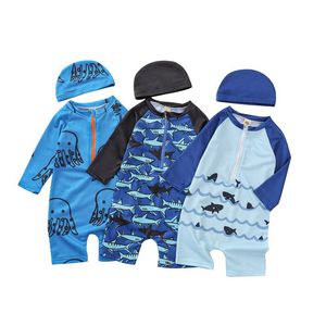 Kids Cartoon Swimsuit Boys Whale Octopus Printed One Pieces Raglan Long Sleeves Zipper Toddler Swimming Clothes With Swim Hats 1-6T