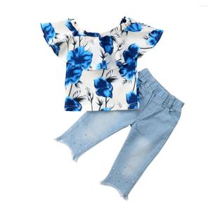 Clothing Sets Toddler Kid Baby Girl RufflesFloral T-shirt Tops Denim Jeans Pants Outfits Clothes 1-5T