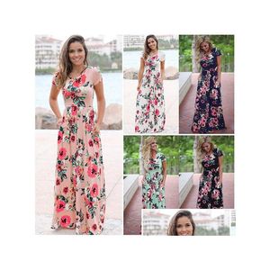 Zestawy podarunkowe Kobiety kwiatowy nadruk krótkie rękawe sukienka boho wieczorna impreza Long Maxi Summer Sundress 5 Styles Drop Permit Baby Kids MA DHA0B