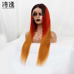 レッドオレンジブラックオンブルカラー13*4humanhair前頭lacewig 230323