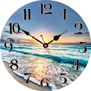 壁の時計バスルームクロック夏の貝殻装飾壁時計海の波の日没非刻みのサイレントクロックウォールホームデコラシオンサロンカサ230323