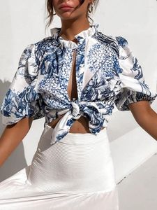 Blouses feminina feminina feminina lanterna de lanterna de lacuna camisa de renda de verão sexy stand colar button recorte de moda de moda floral impressão