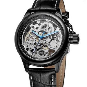 Armbanduhren Mode Lässige Herrenuhr Schwarzes rundes Gehäuse und Zifferblatt Blaue Hände Lederarmband Automatisches mechanisches Weihnachtsgeschenk