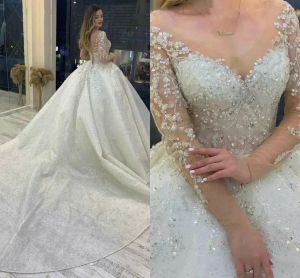 2023 Long Sleeves Wedding Dresses Bridal Gown Sequins Lace Applique Beading Tulle A Line Ruched Chapel Train Custom Plus Size Country Beach Vestido De Novia