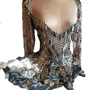 Stage Wear Argento Strass Specchio Paillettes Mini abito Backless Abiti sexy Ladies Nightclub Performance Dance Costume Party Evening