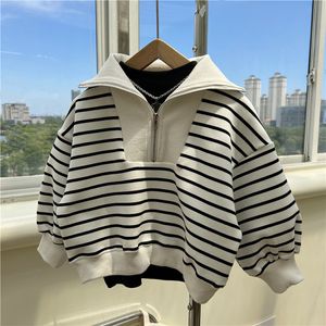 Camicie per bambini Colletto rovesciato Manica lunga Lunghezza regolare Pullover a righe Cotone Morbido Confortevole Casual Autunno Bambini Unisex 230322