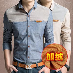 Men's Casual Shirts 2023 Autumn Winter Men's Fashion Cotton Thick Warm Fleece Dot Splicing Long-sleeved Slim Men