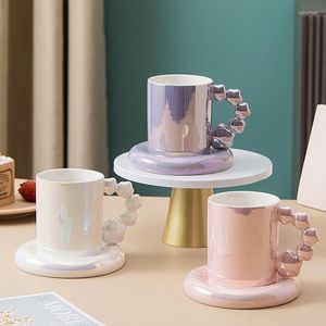 Cups Saucers Beautiful Pearl White Pink Purple Glazed Ceramic Mugs For Coffee Tea Milk Kitchen Office Table Ware Nordic Luxury Cup Set