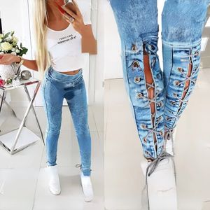 Women's Jeans Street Wear Lace Up Slim Denim Long Pant Jeans Girl Blue Fashion's Fashion Cash Strap 230323