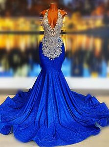 2023 Arabic Aso Ebi Royal Blue Prom Dresses Beaded Crystals Mermaid Evening Formal Party Second Reception Birthday Engagement Gowns Dress ZJ2220