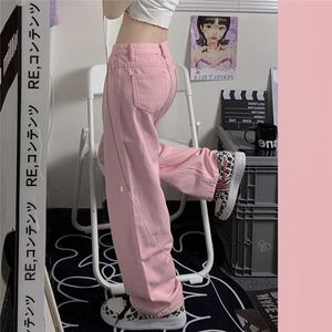 Kvinnors jeans rosa jeans kärlekskedja kvinnor kawaii koreanska mode ultralow midja y2k lösa breda ben street casual byxor 230323