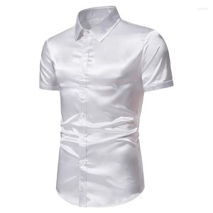 Camisas de vestido masculinas verão de seda branca cetim para homens de manga curta slim fit party wedding smoking shirt 2023 marca casual botão para baixo