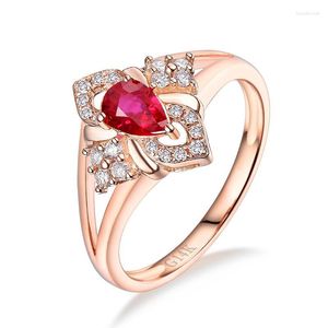 Cluster Rings Pretty Red Ruby Diamond Ring Real 14K Rose Gold Wedding Anniversary Fine Jewelry Wholesale For Women