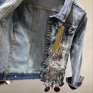 Jaquetas femininas tagarelas lantejas de caneca jeans jeans women apliquei misando jeans desgastados fledies lapeel moda de moda fêmea casaco