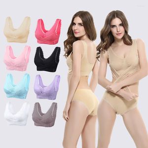 Yoga Outfit Women Sexy Fitness Sports Bra Front Cross Side Buckle Lace Seamless Wireless Padded Top Vest Female Running