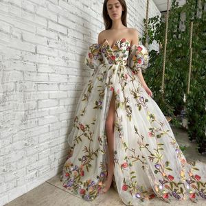 Charming Side Split Prom Dresses A Line Short Sleeves Evening Gowns Strapless Neckline Sweep Train Flower Special Ocn Formal Wear 415