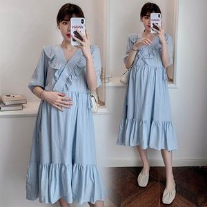 Maternity Dresses 8215# Summer Chic Ins Cotton Dress V Neck Can Nursing Sweet A Line Loose Clothes For Pregnant Women Ruffle Pregnancy