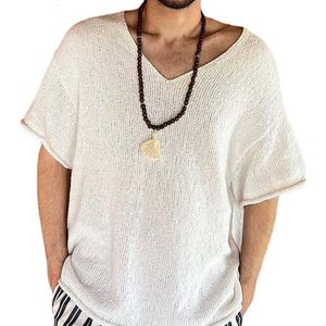 Mens TShirts Men Summer Casual Short Sleeve V Neck Knitted T Shirt Vintage Tshirts Pullover Streetwear Loose Crochet Knit Tops Male Clothing 230322