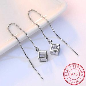 Fascino elegante moda argento sterling 925 cubo amore finestra zirconi orecchini pendenti di zucchero scatola catena lunga nappa orecchini SE238 Z0323