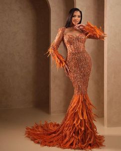 Sparkly Mermaid Evening Dresses Long Sleeves V Neck Beaded Appliques Sequins 3D Lace Feather Train Floor Length Prom Dresses Formal Gowns Plus Size Gowns Party Dress
