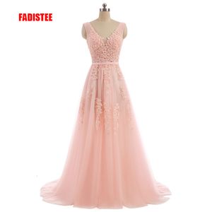 فساتين الحفلات Fadistee Vestido de Festa Sweet Pink Lace v Neck Long Evening Dress Bride Sexy Backless Beads Learls Porm Lace Up 230322