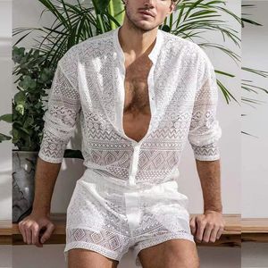 Mens Tracksuits Summer Men Two Piece Suits Sexy See Through Lace Outfits Beach Fashion Plain Mönster Tryck Långärmade toppar och shorts Set 230323