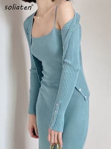 İki parçalı elbise kadın bodycon 2 adet elbise seti spagetti kayış ince örgü elbise uzun kollu düğme hırka takımları moda katı kıyafetler c-113 230323