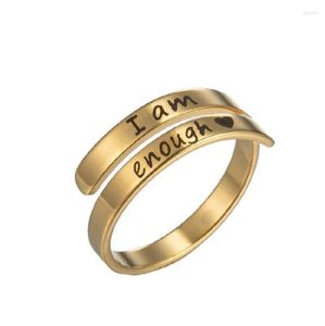 Wedding Rings Engrave Letter I Am Enough Ring With Love Heart Stainless Steel Punk Emotional Inspiring Adjustable Open Finger Cuff