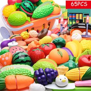 Intelligence toys 74pcs Plastic Kitchen Toy Shopping Cart Set Cut Fruit and Vegetable Food Play House Simulation Toys Early Education Girl Gifts 230323