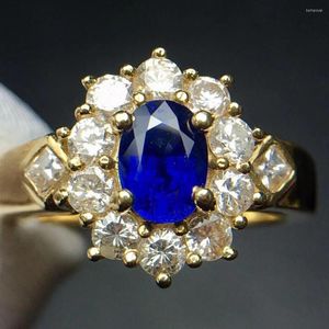 Pierścienie klastra Dobra biżuteria Prawdziwa 18K Naturalne 0,87ct królewski niebieski szafir szlachetny złoty diament