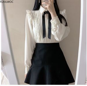 Herrbadkläder rufflade hösten våren BASIC Office Lady Wear Weans Single Breasted Button Solid Peter Pan Collar Top White Shirts