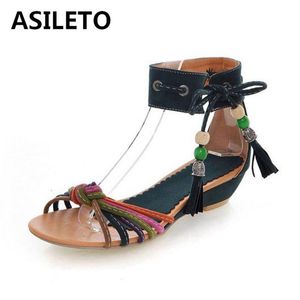 Klänningskor Asileto Gladiator Summer Low Wedge Sandals for Women Roman Fringe Flat Bohemia Beach Pärled Big Size 43