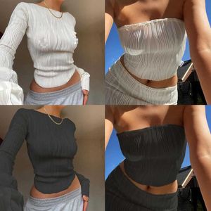 2023 Spring Womens Seksi T-Shirt Bluz Mahsul Üstler Mizaç Kolaj Kazak Uzun Kollu Yuvarlak Boyun İnce Fit Kadın Gömlek