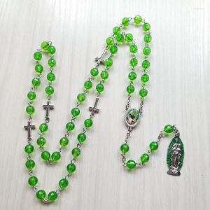 Anhänger Halsketten QIGO Grüne Acrylperlen Rosenkranz Kreuz Katholische Halskette Langer religiöser Gebetsschmuck