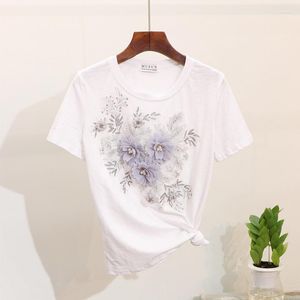 女性のブラウスアモラファ女性サマービーズ3D花刺繍綿Tシャツトップ