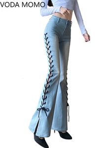 Jeans femininos Spring Womens High Caist Lace Up Jeans Skinny Woman Denim S calça Jean Mom Flare Troushers Aesthetic 230323