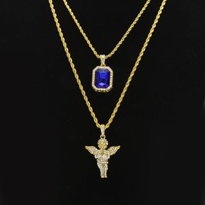 Mens Hip Hop Jewelry sets Mini Square Ruby Sapphire Full crystal Diamond Angel wings pendant Gold chain necklaces For male Hiphop 288K