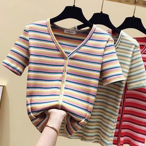 Women's T Shirts Short Sleeve T-shirt In Summer Female Xuan Elegant Wind Coat V-neck Stripe