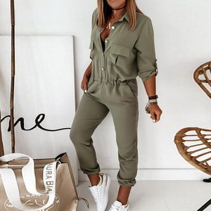 Women's Jumpsuits Rompers Spring Solid Elastic Waist Overalls Playsuit Summer Slim Fit Cargo Pants Romper Sexy Turn-down Collar Button Jumpsuit Style 230323