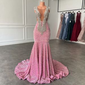 Luxury Long Prom Dresses Sexy Mermaid Sparkly Pink Sequin Black Girls Crystals Evening Formal Gala Party Gowns Robe De Soiree Vestido BC15439