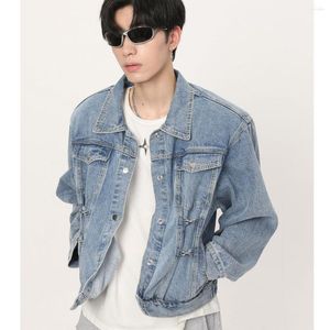 Men's Jackets Classic Y2K Style Men's Vintage Blue Denim Jacket Spring Autumn Korean Shoulder Padded Casual Jeans Coat Male Top Clothes