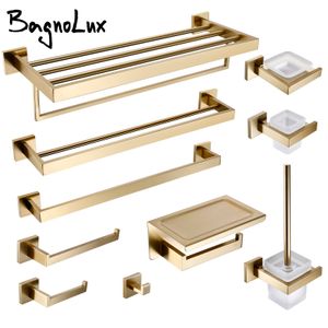 Bath Accessory Set Brushed Gold Bathroom Accessories Set Toilet Brush Holder Toilet Paper Holder Towel Bar Rail Rack Hanger Hook Soap Dish Hardware 230323