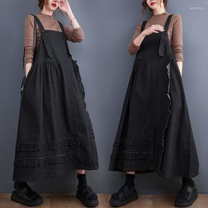 Casual Dresses 2023 Spring Summer Loose Retro Vintage Denim Dress All-Match Ruffled rem ärmlös Suspender Jeans Vest Tunic H246