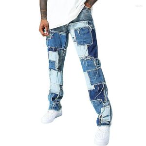 Erkekler Kot Moda Modaya Düzenli Renk Kontrast Patchwork Erkek Sokak Stili Gençlik Günlük Günlük Düz Geniş Bacak Denim Pantolon Gevşek Pantolon