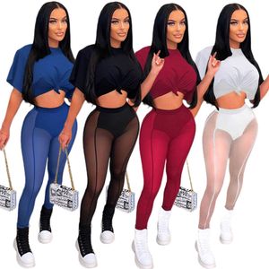 Designer Women Tracksuits 2023 Summer Sexy Two Piece Sets Short Sleeves T Shirt Patchwork And Mesh Pants Leggings Sets Nightclub Outfits