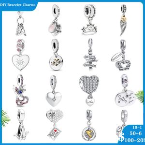 Ciondoli in argento 925 per braccialetti con ciondoli Pandora firmati da donna con piume a forma di cuore e globo ciondola perline