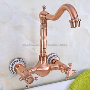 Bathroom Sink Faucets Antique Red Copper Swivel Spout Kitchen Faucet / Wall Mounted Dual Cross Handles Basin Mixer Taps Nnf942